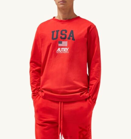 男性 F40RH120 Autry アイコニック ロゴ ロングスリーブ クルーネック Tシャツ レッド