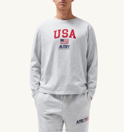 男性 F40RH121 Autry アイコニックロゴロングスリーブクルーネックTシャツ メランジグレー